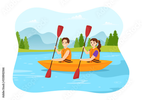 People Enjoying Rowing Illustration with Canoe and Sailing on River or Lake in Active Water Sports Flat Cartoon Hand Drawn Template