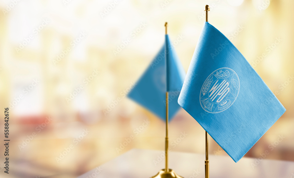 Small flags of the International Intellectual Property Organization on an abstract blurry background