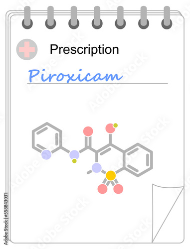 Medical prescription of piroxicam. Simplified molecule icon.