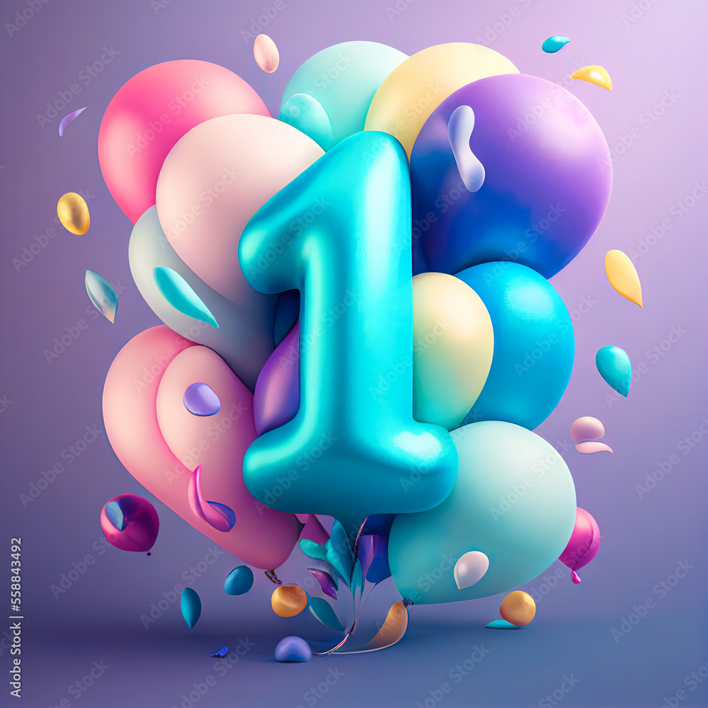 Creative number one 1 concept made of colorful pastel balloons. Balloon
