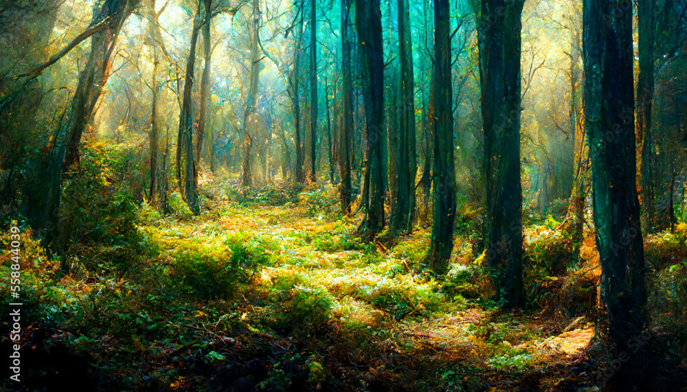 Fototapeta premium Cinematic forest background, Generative AI