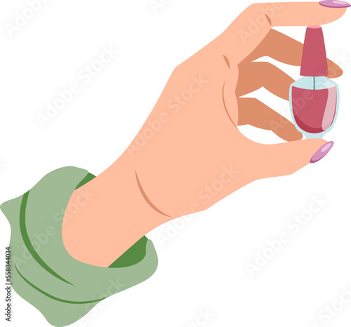 Beautiful female hand holding a closed red nail polish bottle isolated on white background