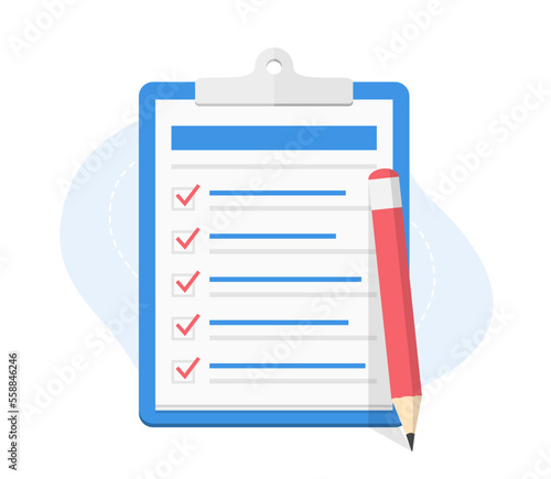 Check list on clipboard with five check boxes and red pencil