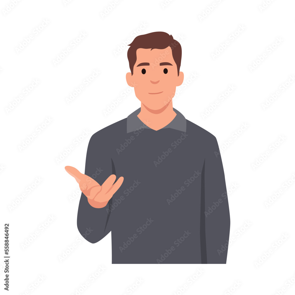 Young man standing and talking with hand gesture trying to convict. Flat vector illustration isolated on white background