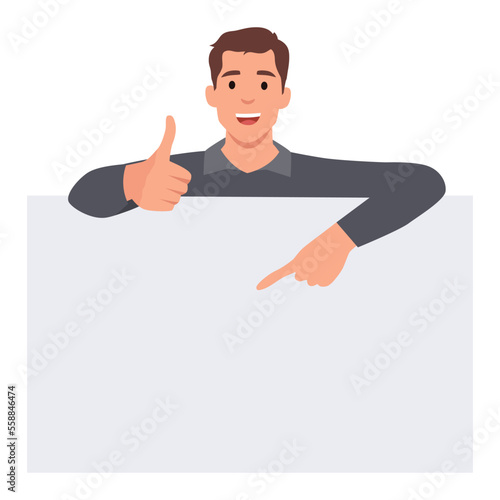 Young man is standing behind the white blank banner and pointing down at a copy space with one thumb up. Flat vector illustration isolated on white background