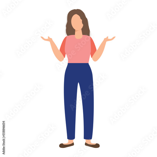 Young beautiful woman shrug. Say I do not know. Oops. Vector illustration.