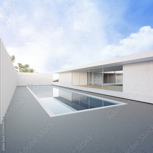 House with concrete floor terrace near swimming pool. 3d rendering of modern home and sea view background.