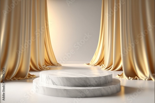 Fotomurale marble pedestal display with gold open curtain background for product showcase,