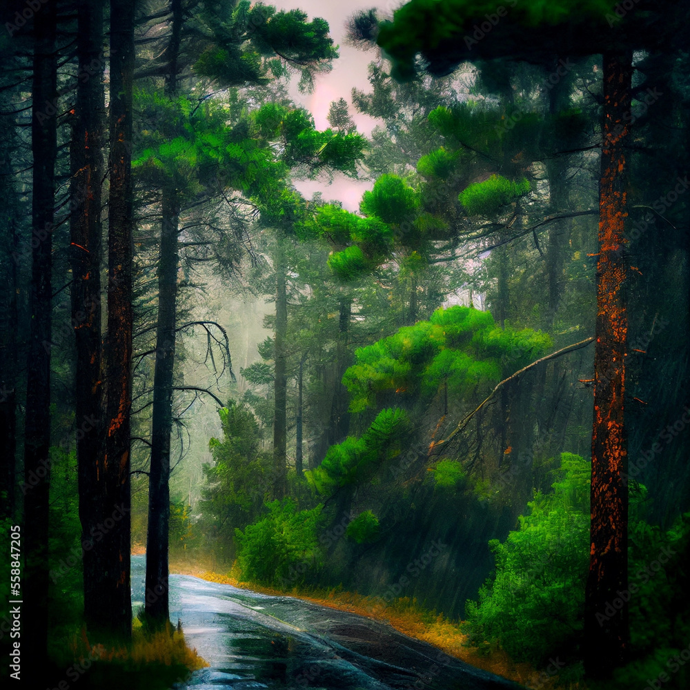 Forest in rain, created with Generative AI technology.