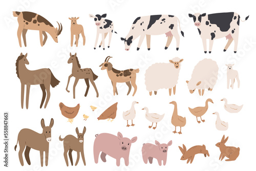 domestic animals clipart, farm life svg png ai illustrations, farmer flat vector style, chicken, sheep, goat, rabbit, cow, horse, duck, donkey, pig, goose