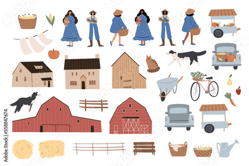 farm animals clipart, farm life svg png ai illustrations, farmhouse background png, cartoon characters flat vector style,