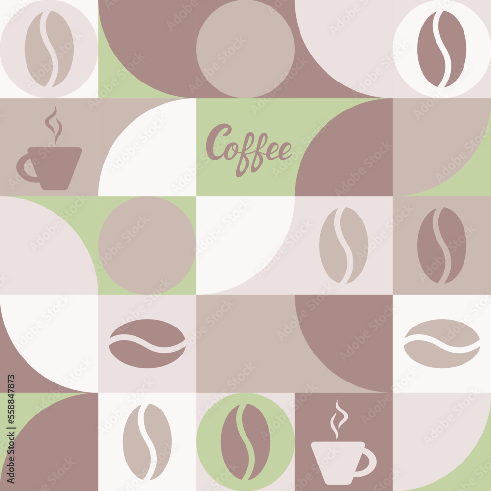 Coffee seamless background for textiles and wallpapers with geometric shapes. Fashionable template for a screensaver in brown tones with a texture of squares and hearts.