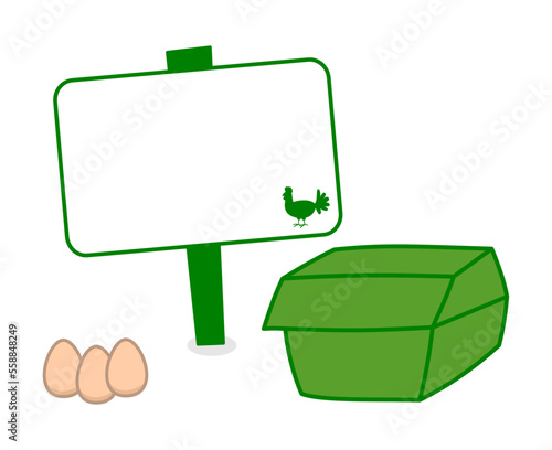 Small pack of fresh eggs in green with promotional sign on white background