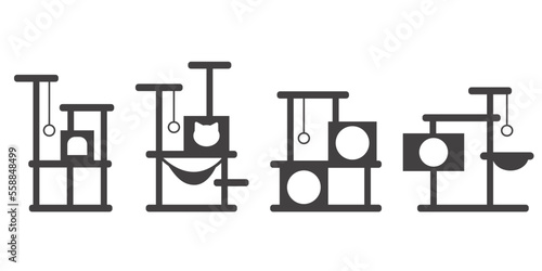 Cat tree with house. Tower and scratching post. Pets furniture. Set of vector icons isolated on white background.