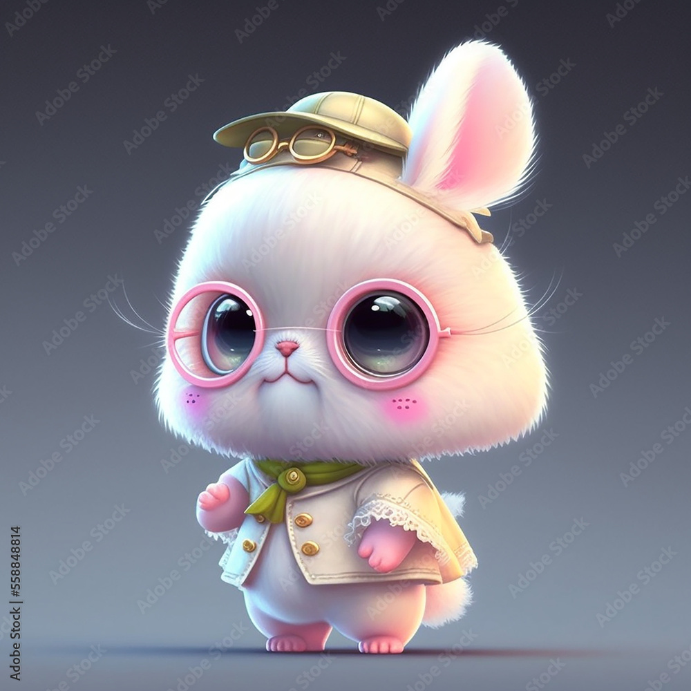cute baby Pixar style white fairy rabbit, shiny snow white fluffy, wearing  school uniform