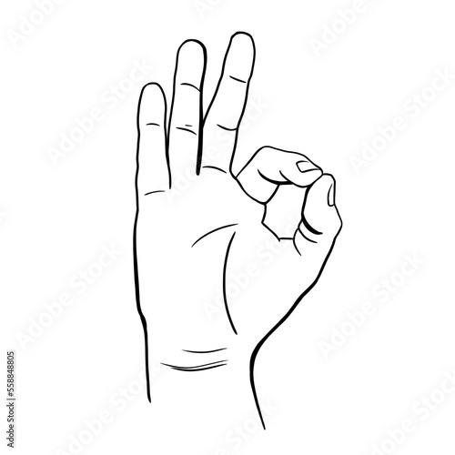 Hand gesture, fingers folded in a gesture ok, sign of approval, consent. Black and white hand drawn illustration
