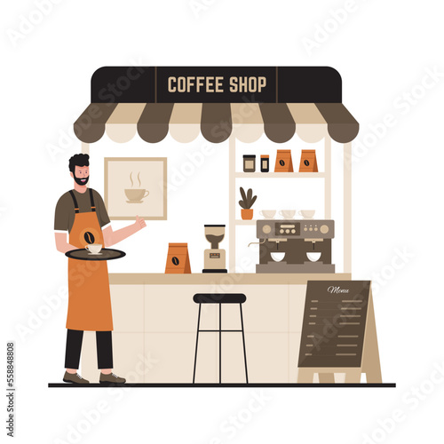 Vector illustration of street coffee shop with barista making coffee. Illustration for website, landing page, mobile app, poster and banner. Trendy flat vector illustration