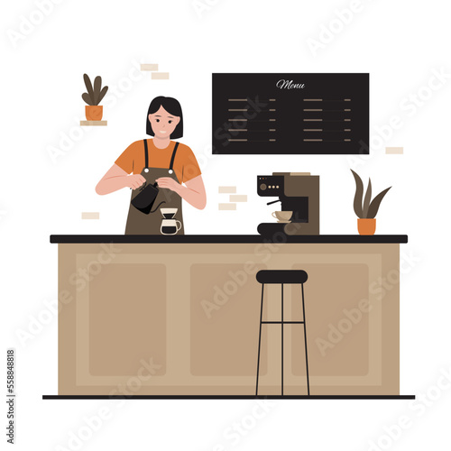 Vector illustration of woman barista making coffee. Illustration for website, landing page, mobile app, poster and banner. Trendy flat vector illustration