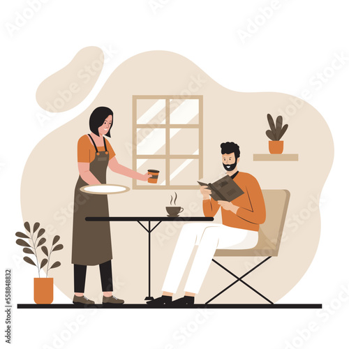 Vector illustration of people reading book in coffee shop. Illustration for website, landing page, mobile app, poster and banner. Trendy flat vector illustration