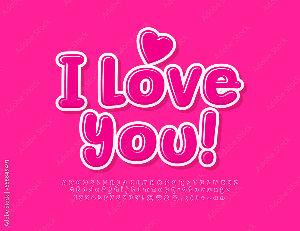 Vector artistic card I Love You with Heart. Cute Pink Font. Bright handwritten Alphabet Letters and Numbers set