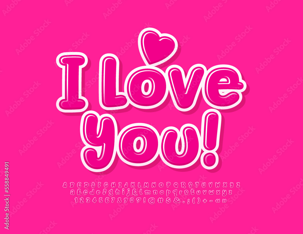 Vector artistic card I Love You with Heart. Cute Pink Font. Bright handwritten Alphabet Letters and Numbers set Vector artistic card I Love You with Heart. Cute Pink Font. Bright handwritten Alphabet Letters and Numbers set
