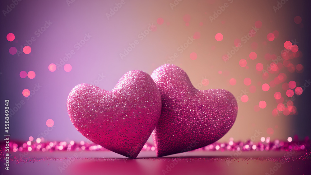 Two pink hearts with nice glittery texture details on empty background. Valentine’s day generative Ai imagery with shiny glitter bokeh effect Two pink hearts with nice glittery texture details on empty background. Valentine’s day generative Ai imagery with shiny glitter bokeh effect