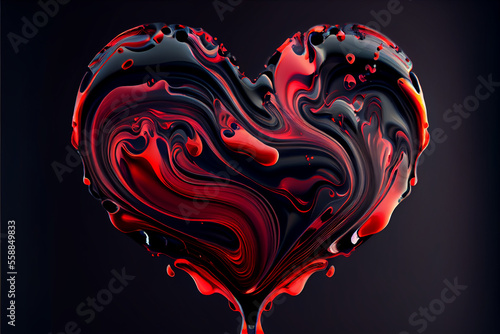 Abstract Couple Heart Shape illustration in Red and Black Liquid Oil Painting Colors Tone, Generative Ai Valentine Day Concept