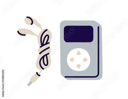 MP3 player, earphones. Portable mobile mini device for listening to music, audio, radio, song. Digital stereo sound gadget, ear phones. Flat vector illustration isolated on white background