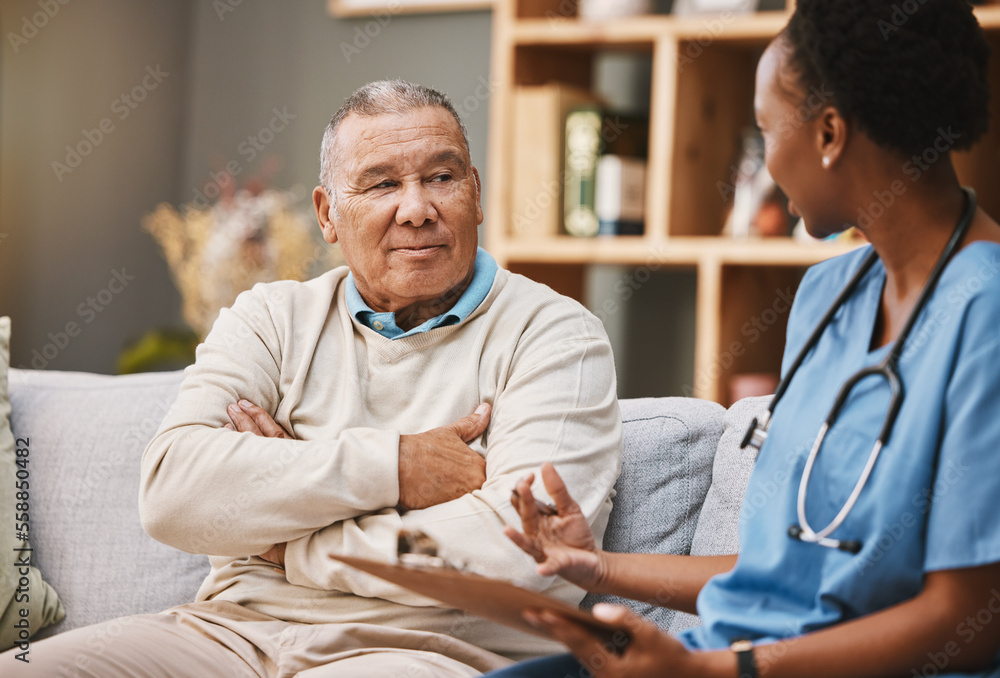 Obraz premium Consulting, medical and checklist with old man and nurse for retirement, rehabilitation or physical therapy. Help, empathy and healing with patient and black woman in nursing home for healthcare exam