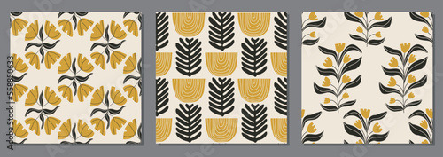 Trendy set of vintage minimalist seamless botanical pattern background