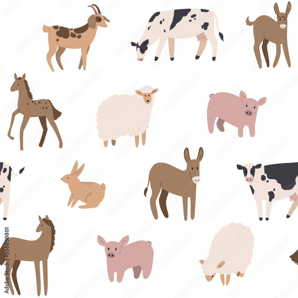 Fototapeta premium farm seamless pattern with domestic animal, country life digital paper, Vector illustration clipart in flat cartoon style