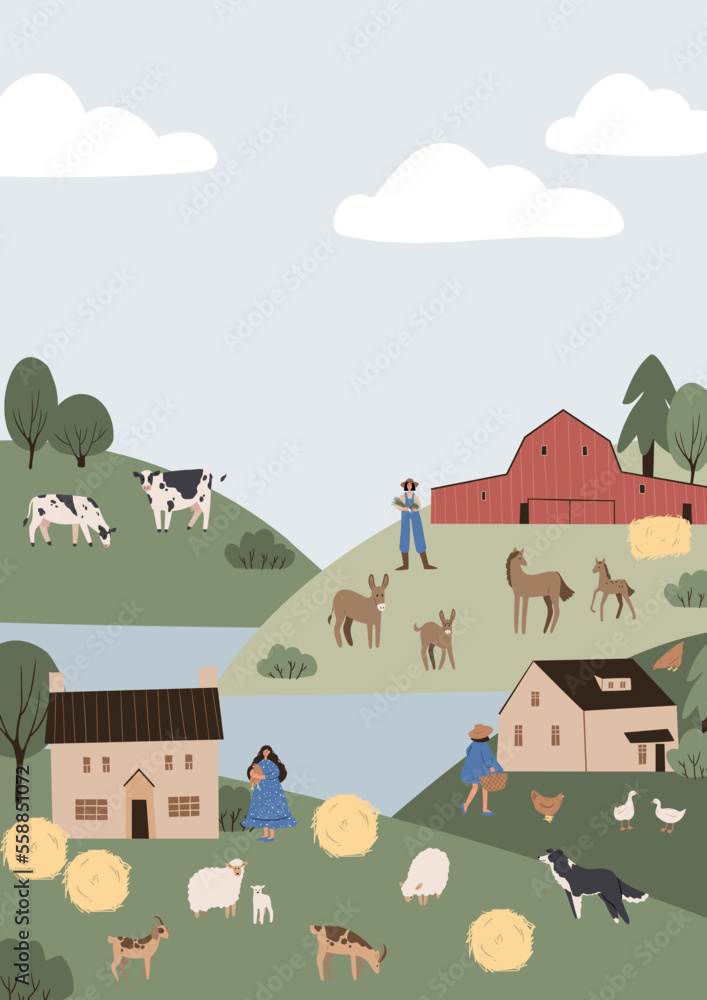 Printable farm life scenery poster, farm landscape illustration, farmhouse background clipart, cottage clip art, vector in flat style