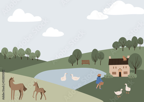 Printable farm life scenery poster, farm landscape illustration, farmhouse background clipart, cottage clip art, vector in flat style