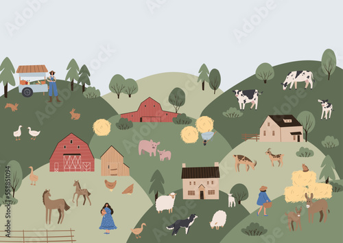 Printable farm life scenery poster, farm landscape illustration, farmhouse background clipart, cottage clip art, vector in flat style