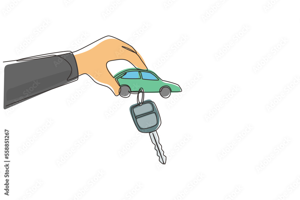 Single one line drawing man handing over keys. Car rental for sale. Hand holding car key with alarm keychain. Hand of car salesman manager holding key. Continuous line draw design graphic vector Single one line drawing man handing over keys. Car rental for sale. Hand holding car key with alarm keychain. Hand of car salesman manager holding key. Continuous line draw design graphic vector