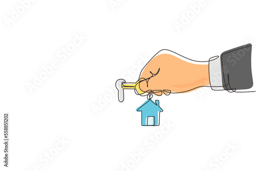 Single one line drawing landlord unlocks the house key for new home. Real estate. Female hand holding key from house isolated on white. Buying house. Modern continuous line draw design graphic vector