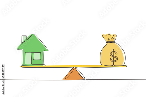 Single continuous line drawing money and home, loan, mortgage. Change home into cash concept. US Dollar in sack bag. Balance home and debt on scales. One line draw graphic design vector illustration