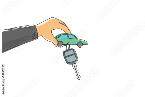 Single one line drawing man handing over keys. Car rental for sale. Hand holding car key with alarm keychain. Hand of car salesman manager holding key. Continuous line draw design graphic vector