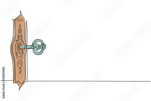 Continuous one line drawing old key in keyhole. Gothic style. Key to knowledge. Concept and Idea for history, education, business, security, white background. Single line draw design vector graphic