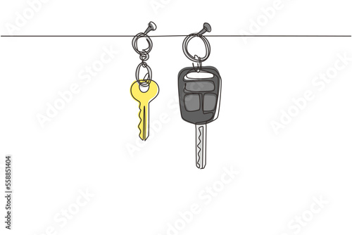 Single continuous line drawing car and house keys hanging on wall. Security key property. Real Estate concept, template for sales, rental, advertising. Dynamic one line draw graphic design vector