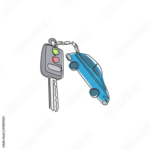 Single one line drawing key car and key ring over the metallic table. Clipping path included. Electronic car key front and back view and alarm system. Modern continuous line draw design graphic vector