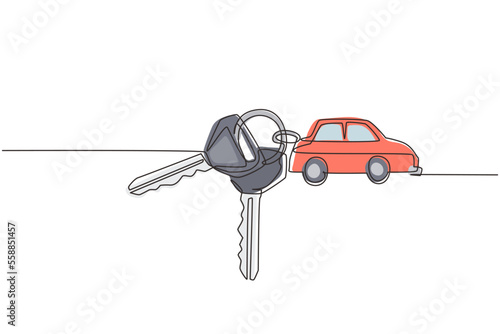 Single one line drawing keys with car shaped key holders. Keychain with key ring, two keys and pendant car locket. Keychain with car with locket vector icon. Continuous line draw design graphic vector