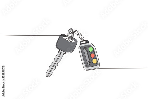 Continuous one line drawing realistic car keys black color isolated on white background. Set of electronic car key front and back view and alarm system. Single line design vector graphic illustration