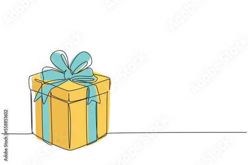 Continuous one line drawing gift box with ribbon. White box wrapped with ribbon on white background. Decorative gift or cardboard box with bow. Single line draw design vector graphic illustration