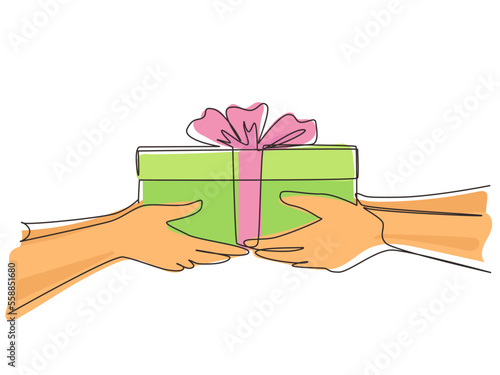 Single continuous line drawing couple holding packaged present together. Romantic surprise gift box. Birthday presents cardboard box with ribbon. One line draw graphic design vector illustration
