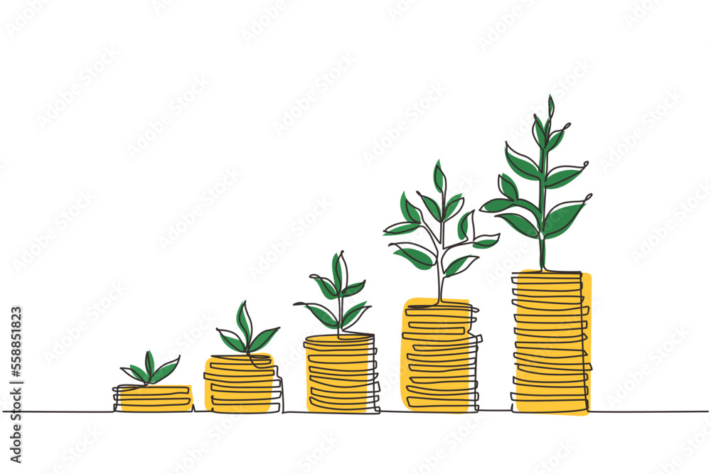 Single continuous line drawing step of coins stacks, money, saving and investment or family planning. Concept for return money saving and investment. One line draw graphic design vector illustration Single continuous line drawing step of coins stacks, money, saving and investment or family planning. Concept for return money saving and investment. One line draw graphic design vector illustration