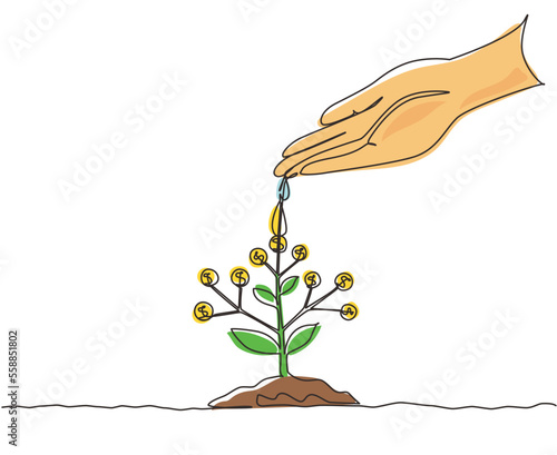 Single continuous line drawing hand nurturing and watering young money plants growing on fertile soil. Concept of money saving and investment. Dynamic one line draw graphic design vector illustration