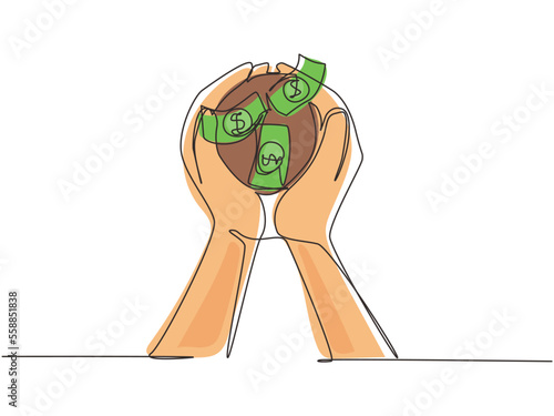 Single continuous line drawing two hands carrying bag of potting money seedlings to be planted into soil. Money, saving and investment or family planning concept. One line draw graphic design vector
