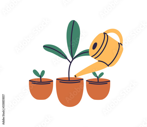 Watering can hydrating house interior plants in pots. Hydration of leaf houseplants growing in planters. Development, growth and botany concept. Flat vector illustration isolated on white background