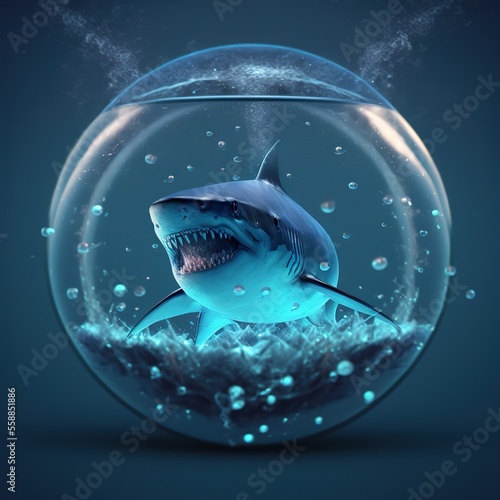 Aggressive shark in bubble with water on blue background AI
